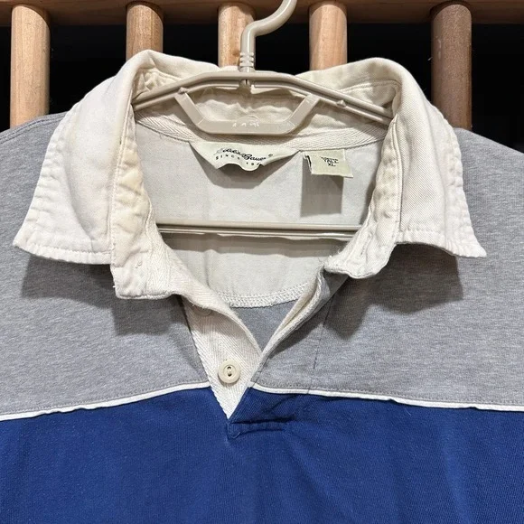 Vintage Eddie Bauer Polo Shirt Men XLT Blue Gray Long Sleeve Rugby Retro FLAW - Picture 3 of 10